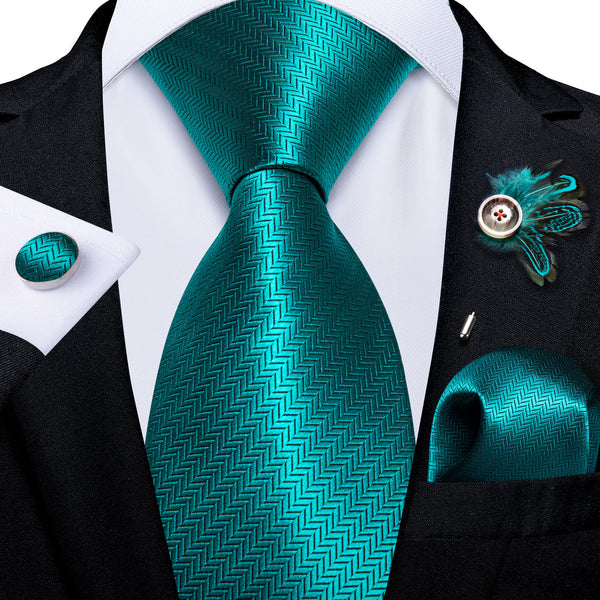 Teal Solid Necktie Pocket Square Cufflinks Set with Lapel Pin
