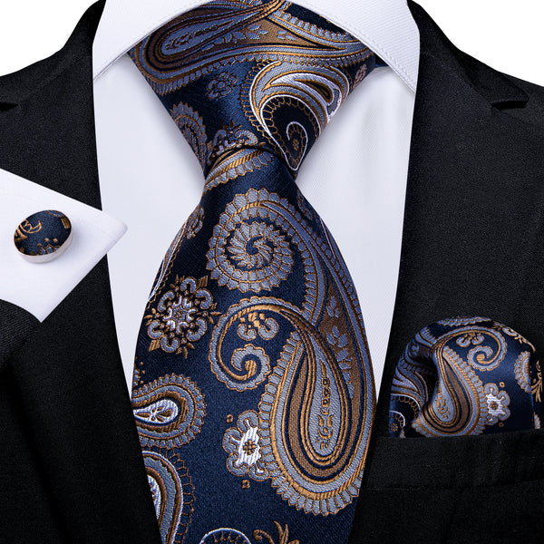 Dark Blue Brown Paisley Necktie Pocket Square Cufflinks Set