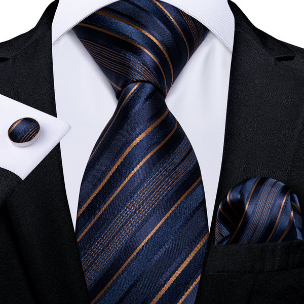 Blue Golden Striped Necktie Pocket Square Cufflinks Set