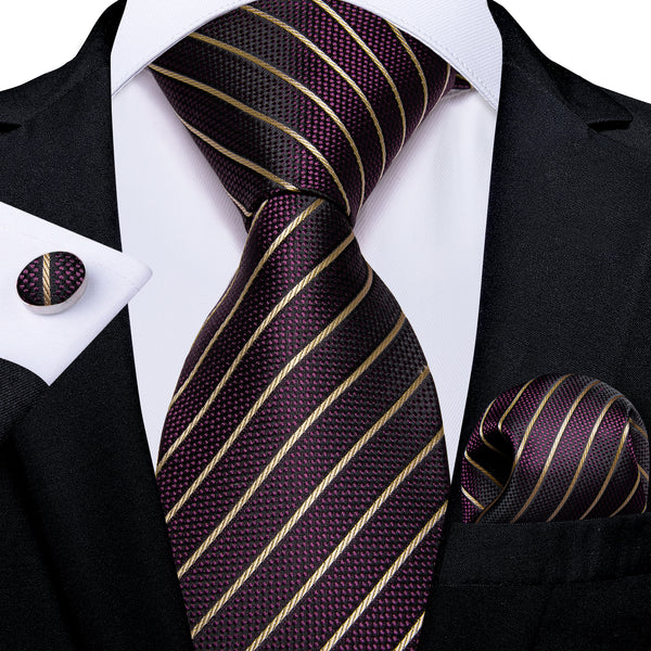 Burgundy Golden Striped Necktie Pocket Square Cufflinks Set