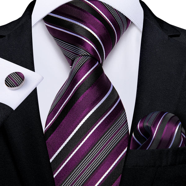 Purple White Black Striped Necktie Pocket Square Cufflinks Set