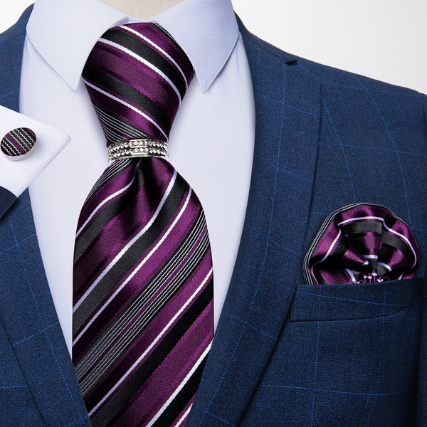 Purple Black Striped Tie Ring Pocket Square Cufflinks Set