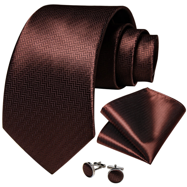 Red-Brown Solid Necktie Pocket Square Cufflinks Set