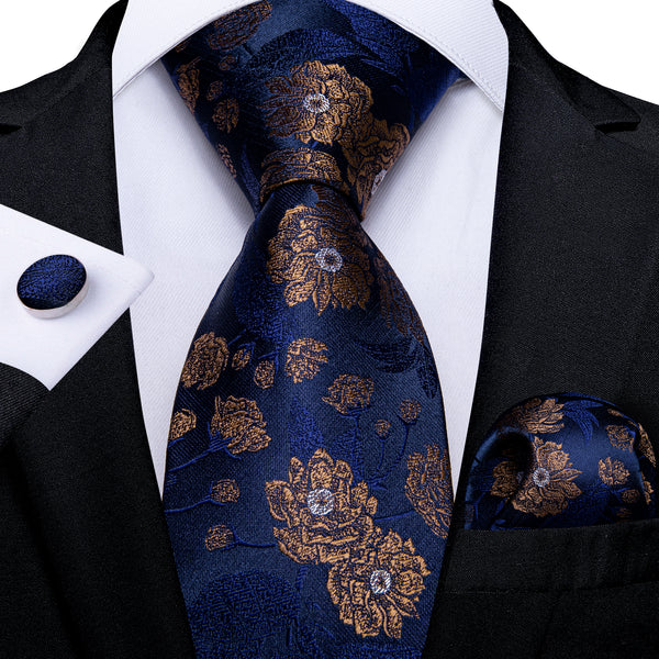 Blue Brown Floral Necktie Pocket Square Cufflinks Set