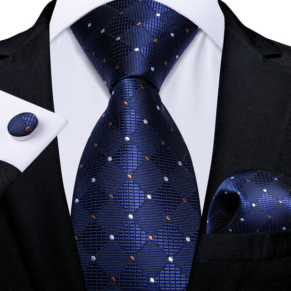 Blue Plaid Polka Dot Necktie Pocket Square Cufflinks Set