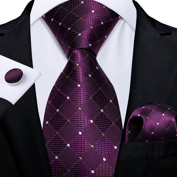 Ties2you Purple Tie Plum Plaid Polka Dot Necktie Hanky Cufflinks Set