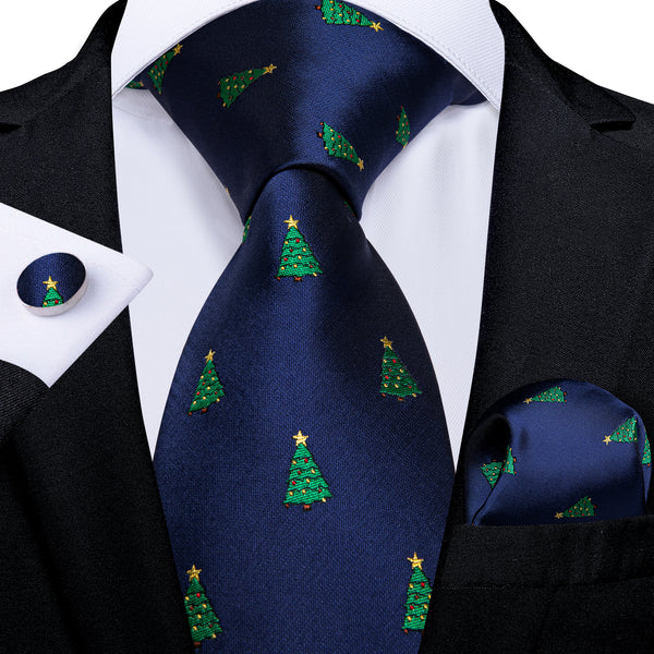 Christmas Deep Blue Xmas Tree Novelty Men's Necktie Pocket Square Cufflinks Set