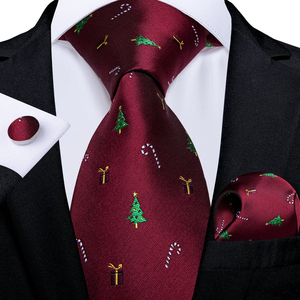 Christmas Burgundy Xmas Tree & Gift Novelty Men's Necktie Pocket Square Cufflinks Set