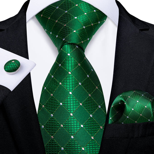Green Plaid Polka Dot Necktie Pocket Square Cufflinks Set