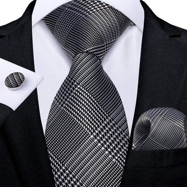 White Black Plaid Necktie Pocket Square Cufflinks Set