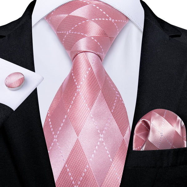 light pink Geometric silk tie pocket square cufflinks set for mens suit or shirt