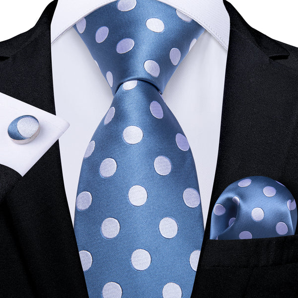 Sky blue Polka Dot Silk Fabric Mens Tie Hanky Cufflinks Set