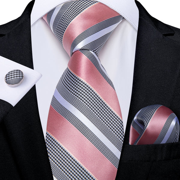 Pink Grey Striped Silk Fabric Men's Tie Hanky Cufflinks Set