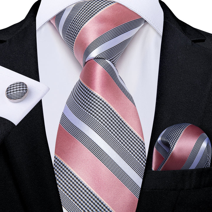 grey pink striped silk mens suit tie pocket square cufflinks with white shirt