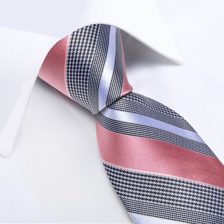 grey pink stripe silk mens suit tie pocket square cufflinks with white shirt