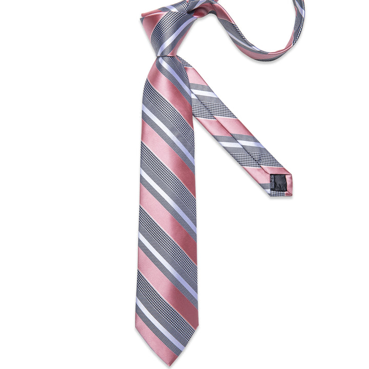 grey pink striped silk mens suit tie pocket square cufflinks with white shirt