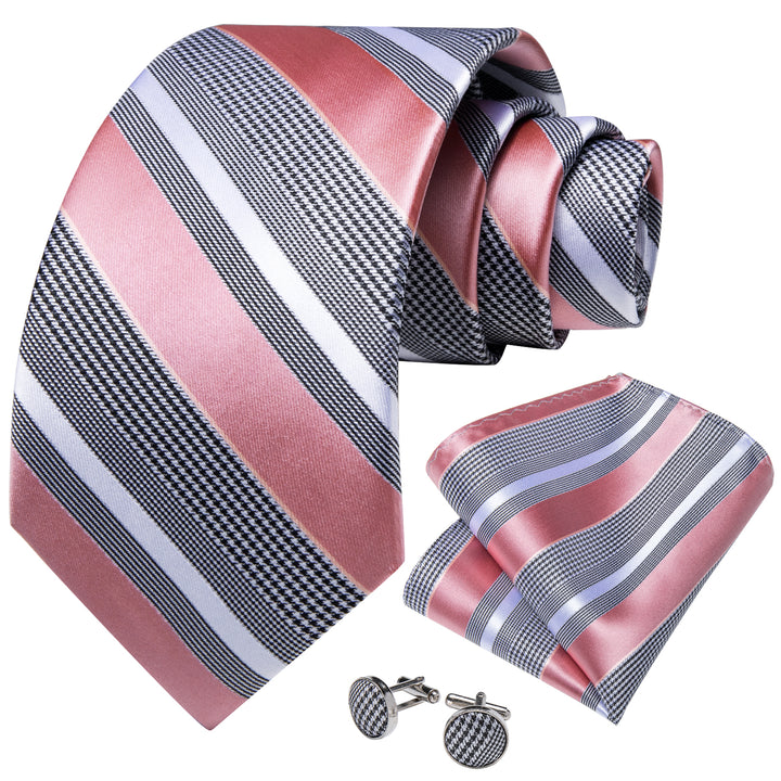 grey pink striped mens silk tie pocket square cufflinks with white shirt