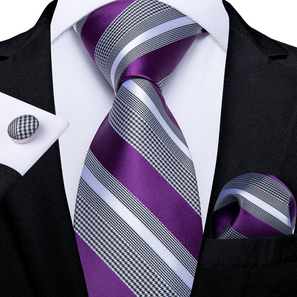 Purple Grey Striped Silk Fabric Mens Tie Hanky Cufflinks Set