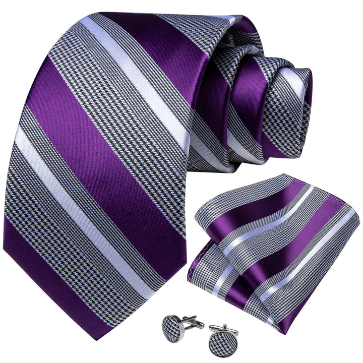 Purple Grey Striped Silk Fabric Mens Tie hanky cuff links set
