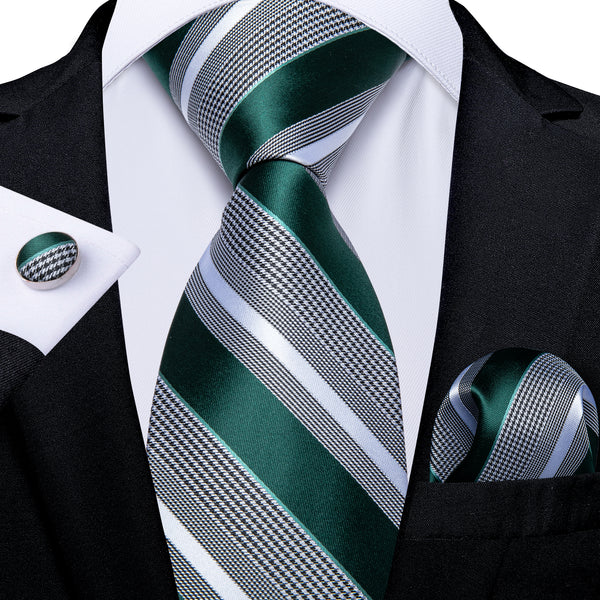 Green Grey Striped Silk Fabric Mens Tie Hanky Cufflinks Set