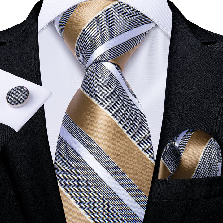 black suit champagne tie striped black white silk necktie