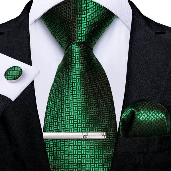 4PCS Green Plaid Necktie Hanky Cufflinks Tie Clip Set