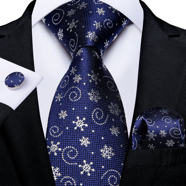 Christmas Royal Blue Snow Novelty Men's Necktie Pocket Square Cufflinks Set