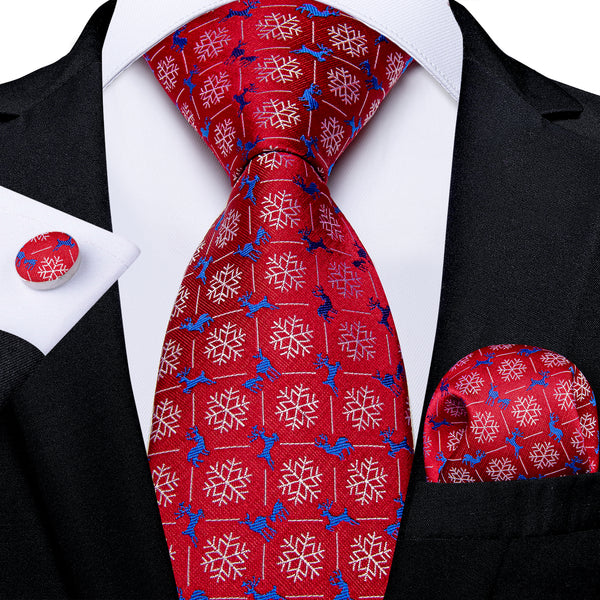 Christmas Red Blue Snow Elk Novelty Men's Necktie Pocket Square Cufflinks Set