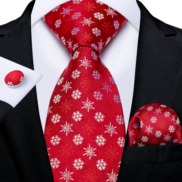 Christmas Red Snow Novelty Men's Necktie Pocket Square Cufflinks Set