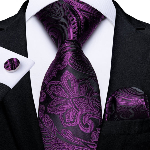 Purple Floral Silk Men's Tie Pocket Square Cufflinks Set