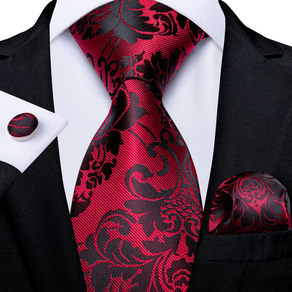 Black Red Floral Tie Pocket Square Cufflinks Set