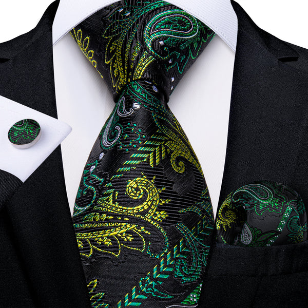 Black Green Yellow Gradient Paisley Men's Necktie Hanky Cufflinks Set