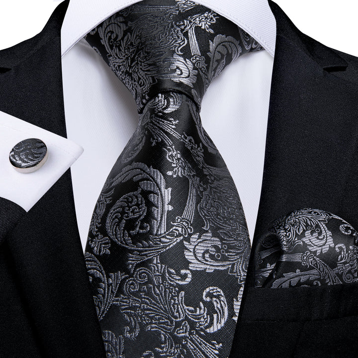 Silk Tie Black floral Grey Ties