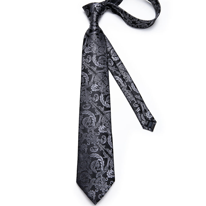 Silk Tie Black Grey Floral necktie length 59 inchs