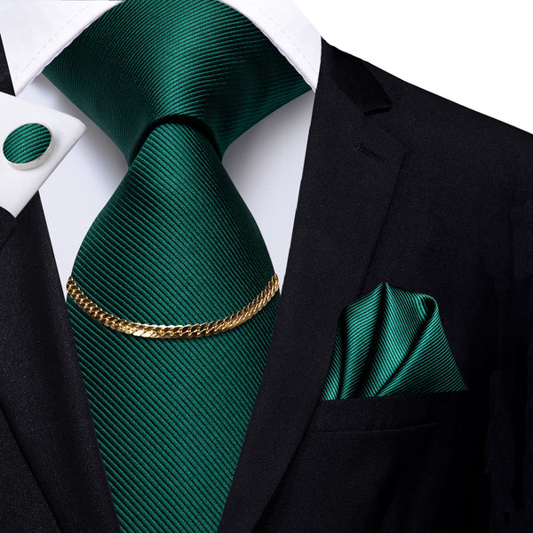 Dark Green Striped Silk Fabric Men's Tie Hanky Cufflinks Set with Tie Chain