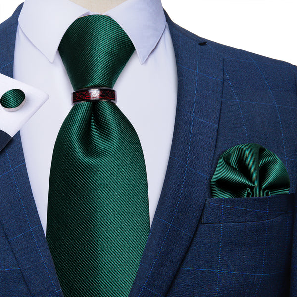 Green Solid Tie Ring Pocket Square Cufflinks Set
