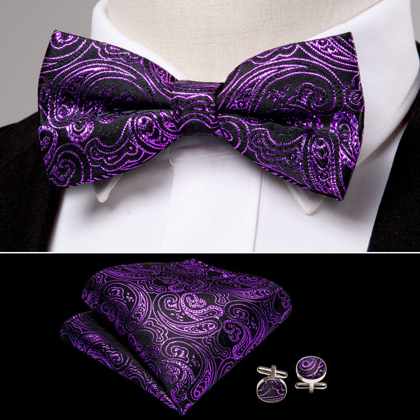 Purple Black Paisley Men's Pre-tied Bowtie Pocket Square Cufflinks Set