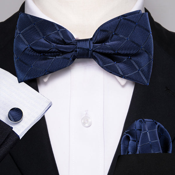 Dark Blue Plaid Men's Pre-tied Bowtie Pocket Square Cufflinks Set