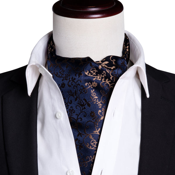 Deep Blue Floral Silk Ascot Cravat Pocket Square Cufflinks Set