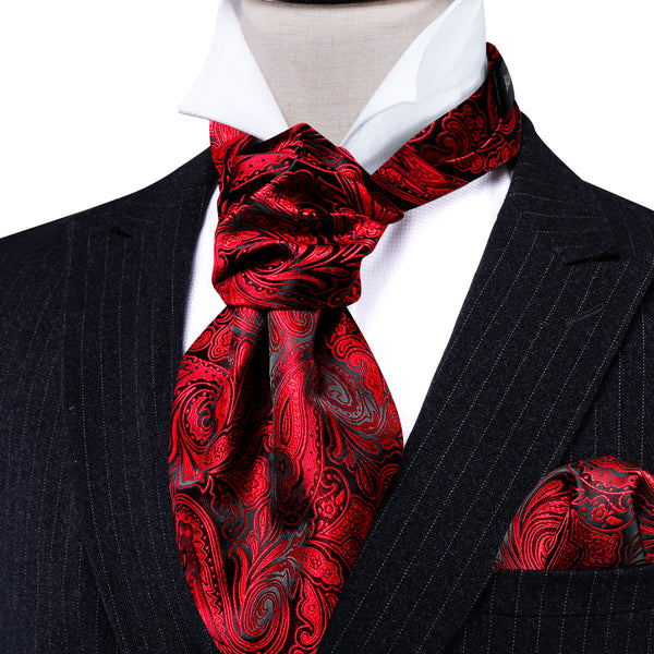 Red Black Paisley Silk Ascot Cravat Pocket Square Cufflinks Set