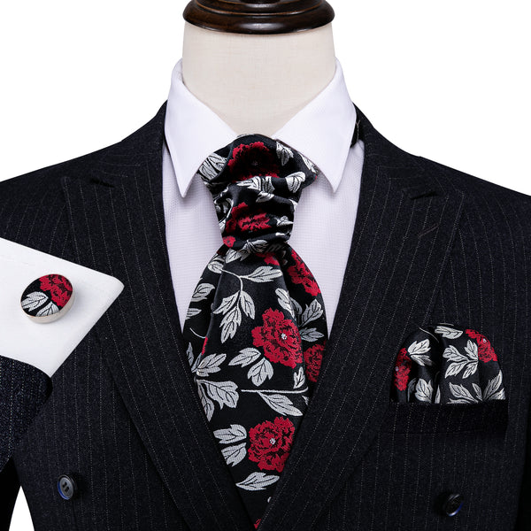 Black Red Silver Flower Floral Silk Ascot Cravat Pocket Square Cufflinks Set