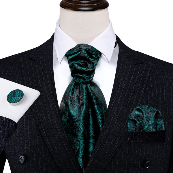 Ties2you Green Tie Paisley Silk Men's Ascot Cravat Hanky Cufflinks Set