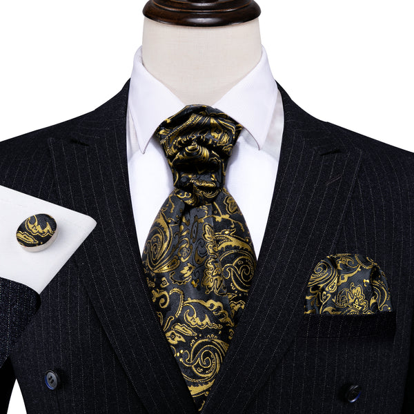 New Black Golden Paisley Silk Ascot Cravat Pocket Square Cufflinks Set