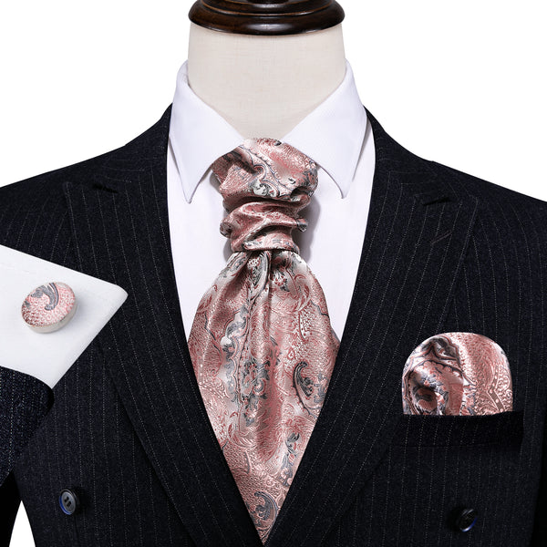 Pink Novelty Silk Ascot Cravat Pocket Square Cufflinks Set