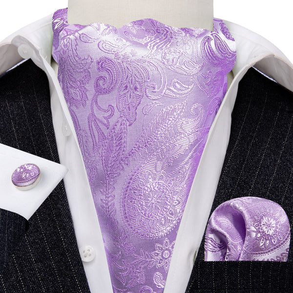 Light Purple Paisley Silk Ascot Cravat Pocket Square Cufflinks Set