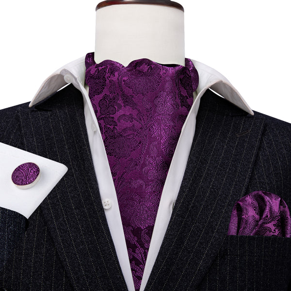 Dark Purple Floral Silk Ascot Cravat Pocket Square Cufflinks Set