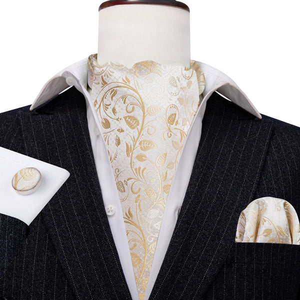 Champagne White Floral Silk Ascot Cravat Pocket Square Cufflinks Set