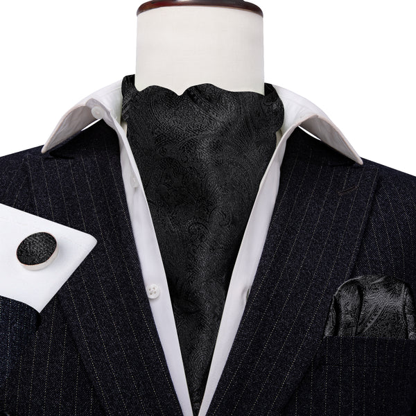 Black Paisley Silk Ascot Cravat Pocket Square Cufflinks Set