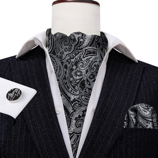 Silver Black Paisley Silk Ascot Cravat Pocket Square Cufflinks Set