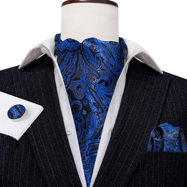 Blue Black Paisley Silk Ascot Cravat Pocket Square Cufflinks Set
